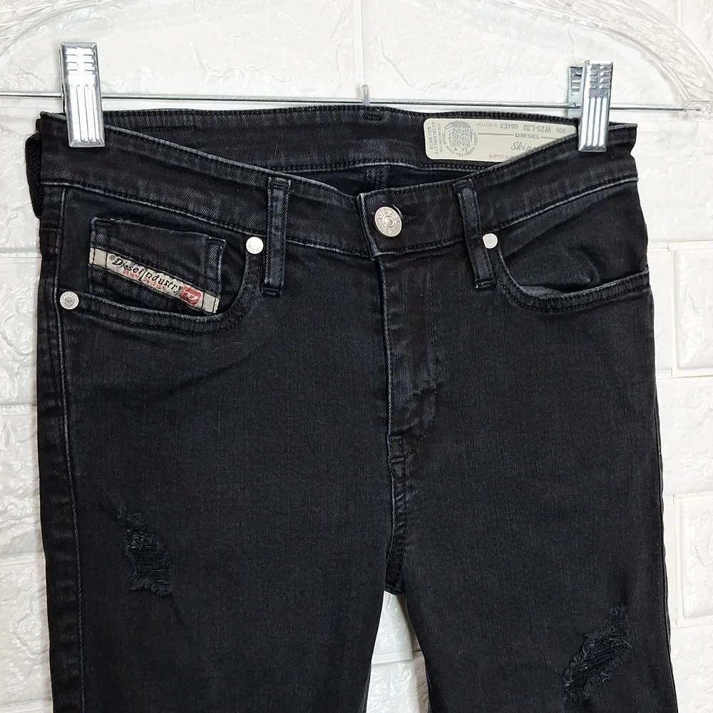 DIESEL Black Skinzee Super Slim Skinny Regular Waist Distressed Jean w/ …